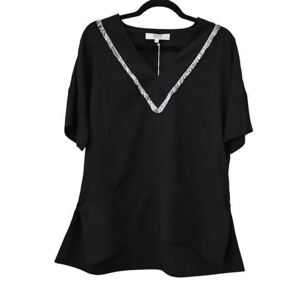 CROSBY Mollie Burch Suzie Tunic Top Black Sz XS Fringe V Neckline Short Sleeve - Picture 1 of 7